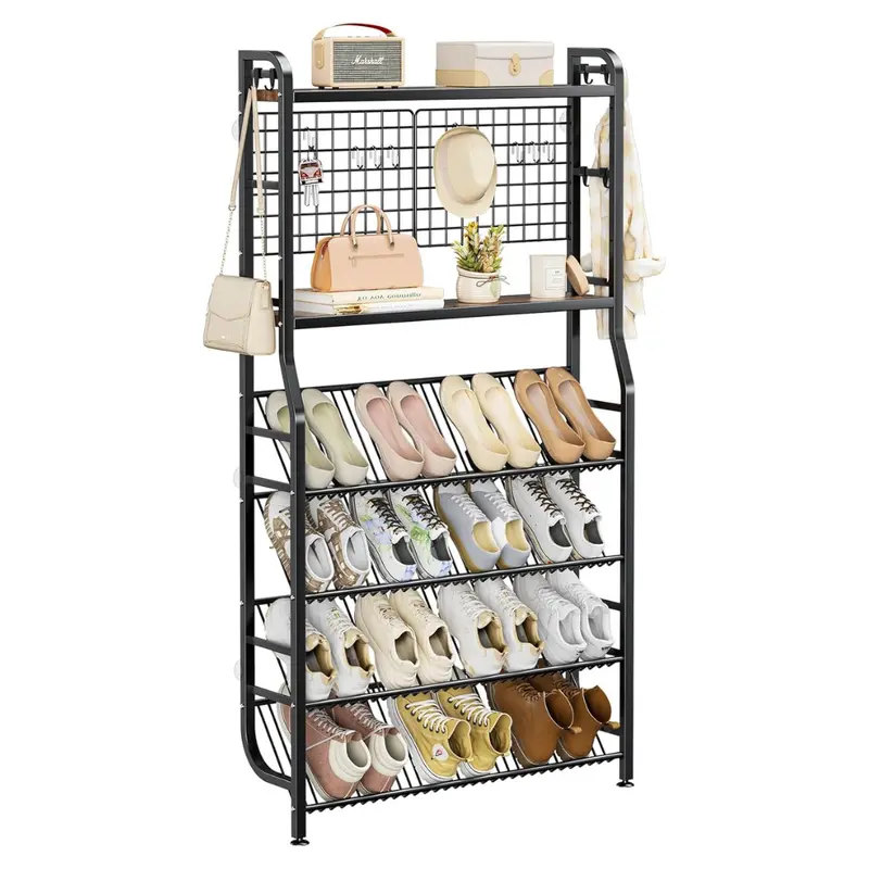 4-Tier Narrow Wall-Mounted Shoe Rack W/ 14 Storage Hooks 1