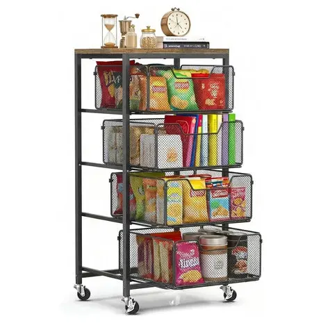 4-Tier Rolling Cart With Drawers And Wooden Top 1