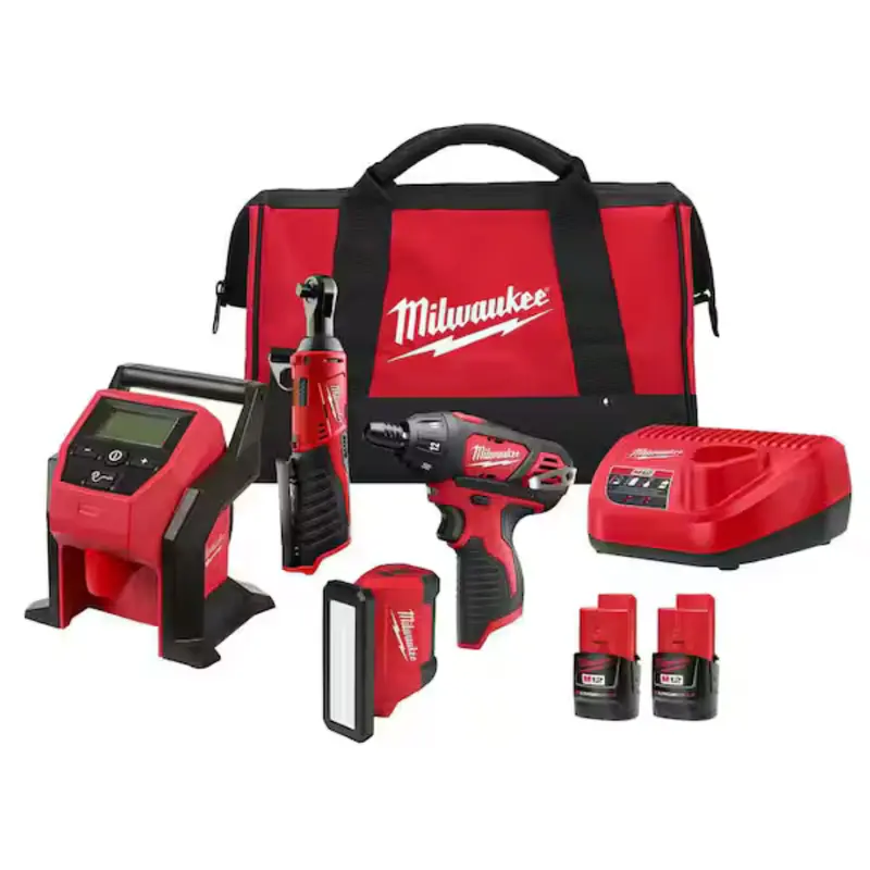 4-Tool Milwaukee M12 12V Combo Kit (Screwdriver, Ratchet, Inflator, Light, 2X 2.0Ah) 1