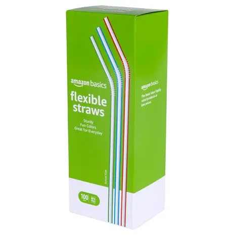 400 Amazon Basics Disposable Striped Plastic Flex Straws 1