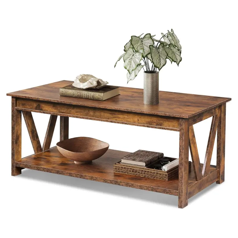 43'' Wood Farmhouse Coffee Table With Storage Shelf 1