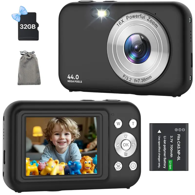 44Mp 1080P Fhd Kids Digital Camera W/ 16X Zoom & 32Gb Card 1