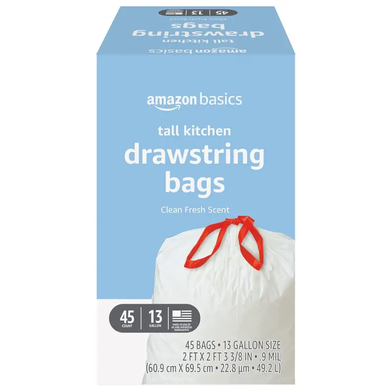 45-Count 13-Gal Amazon Basics Tall Kitchen Drawstring Trash Bags 1