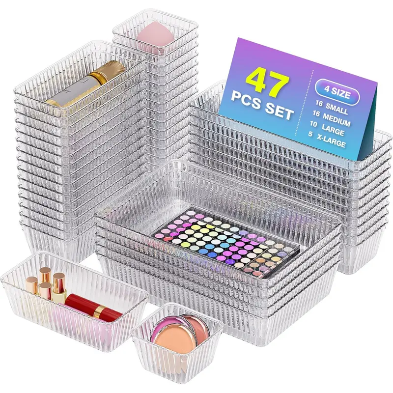 47-Piece Clear Plastic Drawer Organizer Set 1