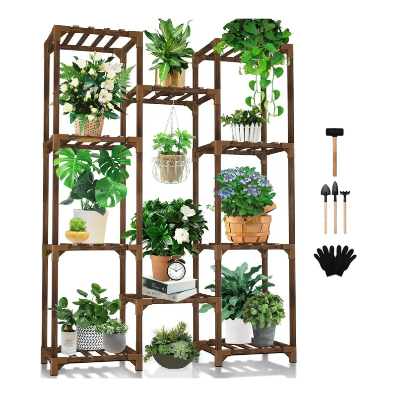 47" Uneedem 10-Tier Tall Wooden Plant Stand For 11 Pots 1