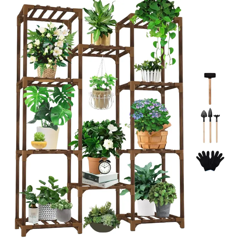 47" Uneedem 10-Tier Tall Wooden Plant Stand For 11 Pots 1
