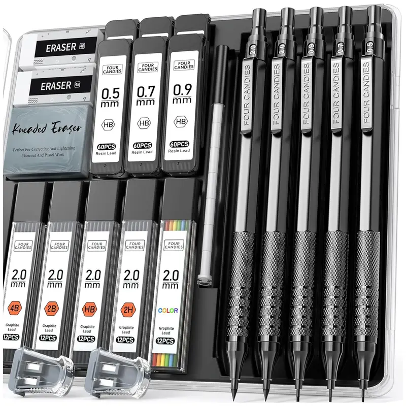 5-Count Four Candies Metal Mechanical Color Art Pencil Set W/ Accessories 1
