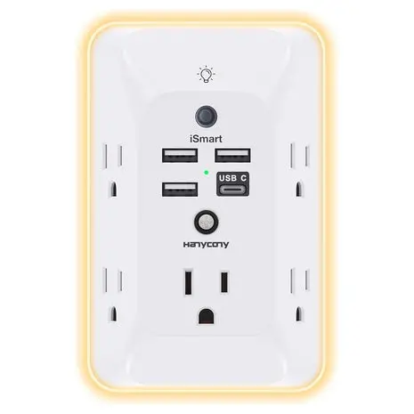 5 Outlet + 3 Usb & 1 Usb-C Wall Charger With Night Light 1