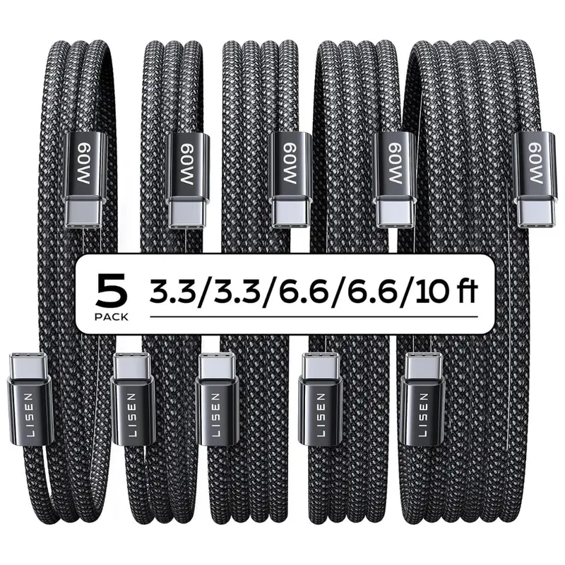 5-Pack Lisen 60W Usb-C Braided Charger Cables (3.3/3.3/6.6/6.6/10 Ft) 1