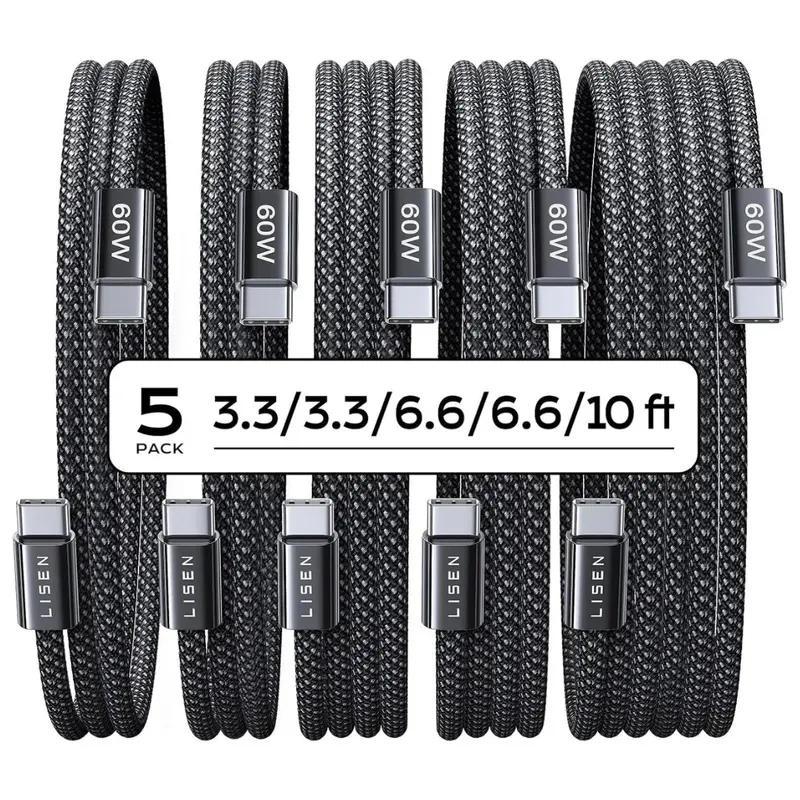 5-Pack Lisen 60W Usb-C Braided Charger Cables (3.3/3.3/6.6/6.6/10 Ft) 1