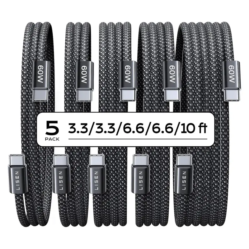 5-Pack Lisen 60W Usb-C Braided Charger Cables (3.3/3.3/6.6/6.6/10 Ft) 1