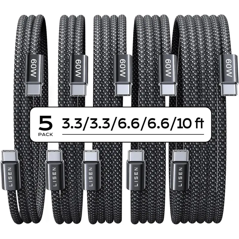 5-Pack Lisen 60W Usb-C Braided Charger Cables (3.3/3.3/6.6/6.6/10 Ft) 1