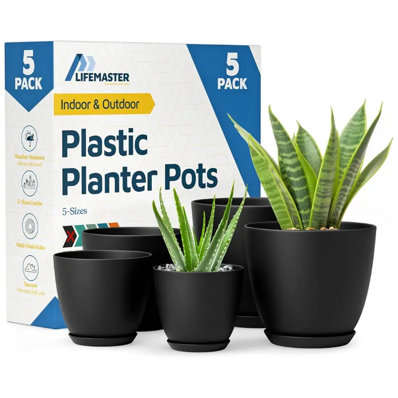 5-Piece Sturdy Plastic Plant Pots With Multi Drainage Holes 1