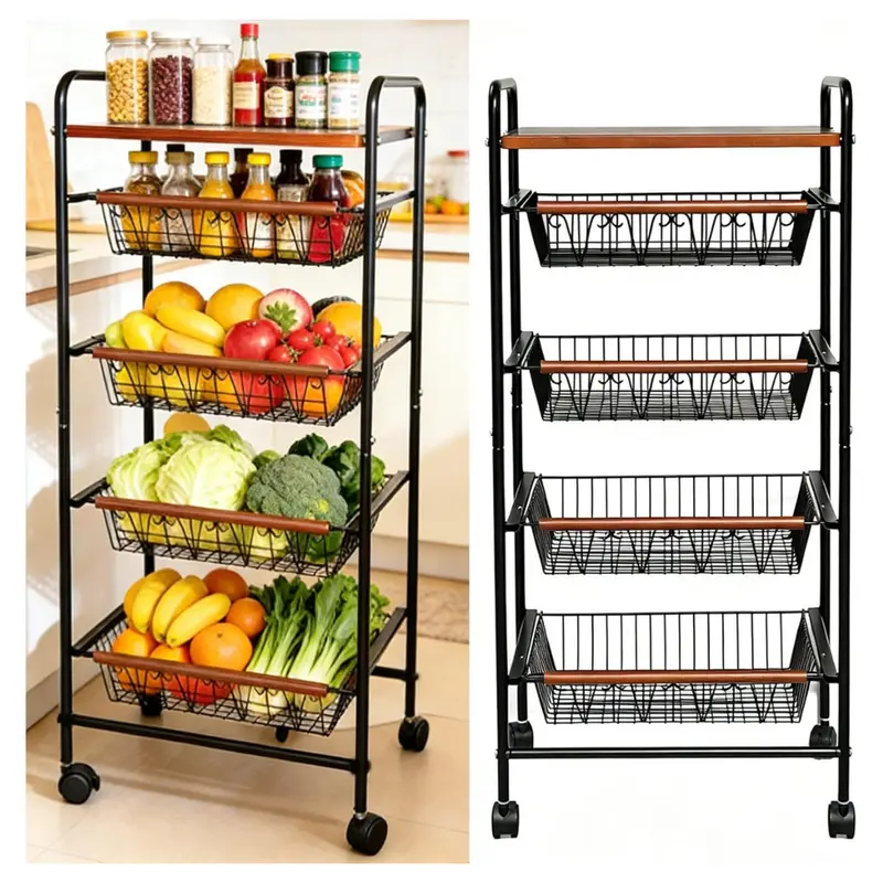 5-Tier Metal Fruit Vegetable Storage Rolling Cart W/ Wire Basket 1
