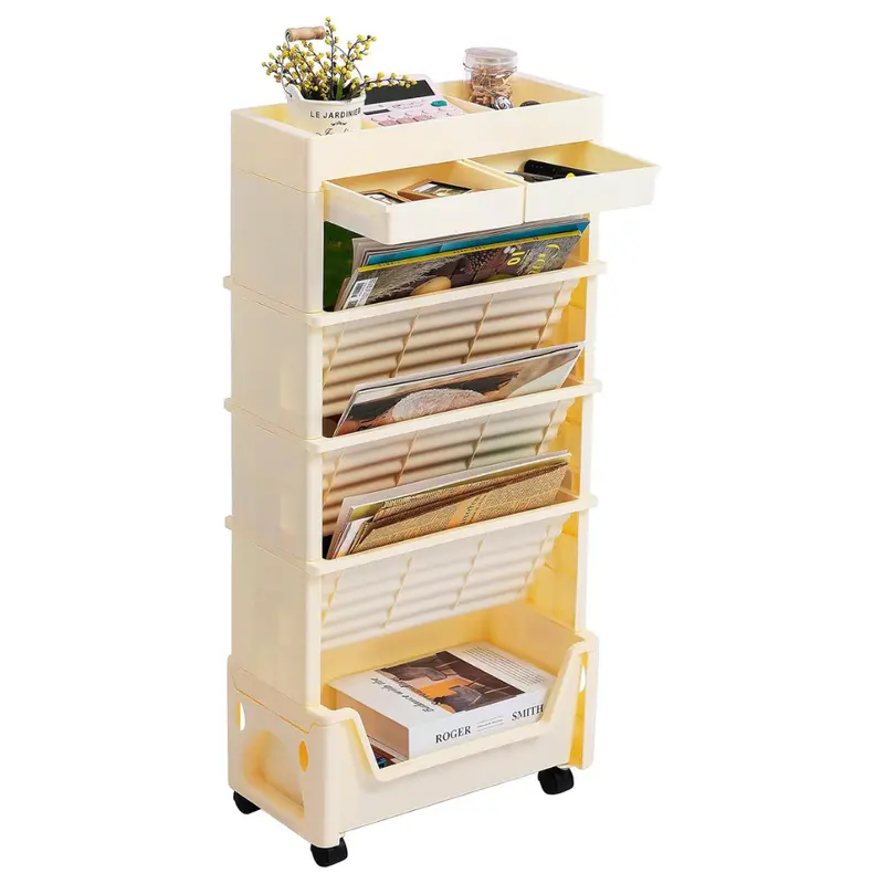 5-Tier Rolling Utility Book Cart W/ Wheels & Divided Top Shelf (Beige) 1