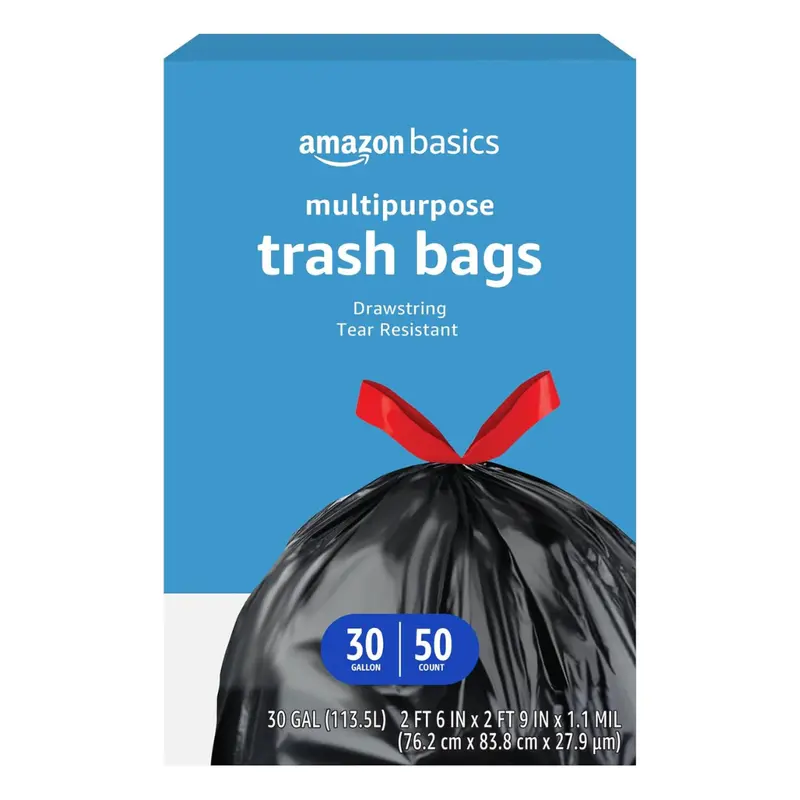 50-Count Amazon Basics Multipurpose Drawstring 30 Gallon Trash Bags 1