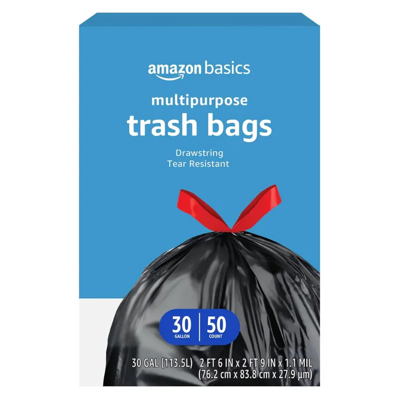 50-Count Amazon Basics Multipurpose Drawstring 30 Gallon Trash Bags 1