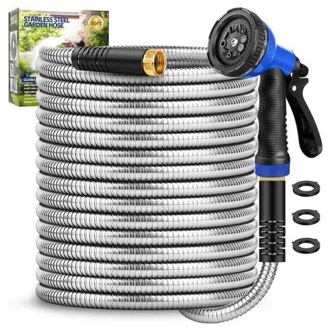 50 Ft Stainless Steel Garden Hose With 10 Function Nozzle 1