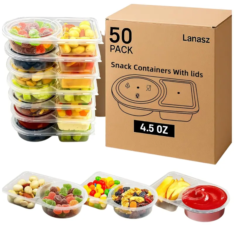 50-Pack 4.5Oz Reusable Double Compartment Plastic Snack Containers W/ Lids 1