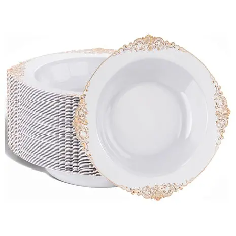 50 White Plastic Bowls With Rose Gold Rim 1