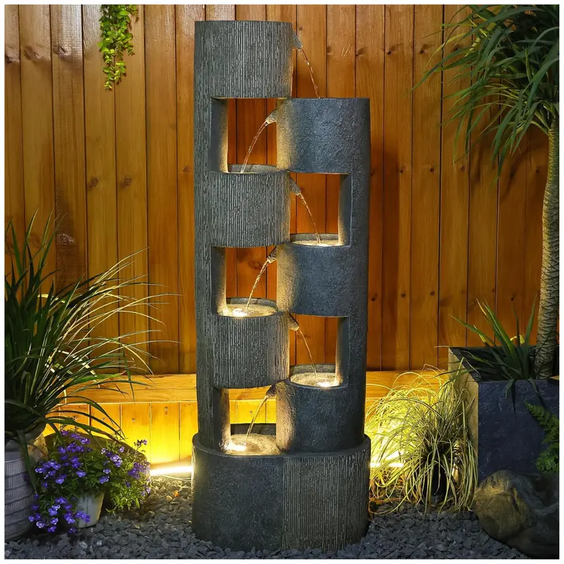 51" Outdoor Water Fountain Uneven Cylinders Waterfalls Fountain Floor Standing Water Fountains With Led Lights 1
