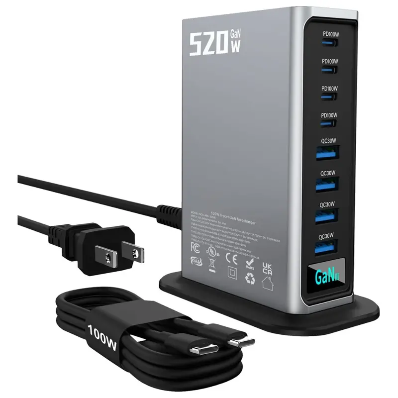 520W Pd 3.1 100W 8-Port Usb C Gan Iii Fast Charging Station 1
