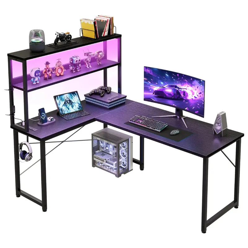 53" L-Shaped Desk With Power Outlets, Led Lights & Hutch 1
