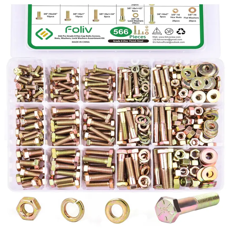 566-Piece Heavy Duty Grade 8 Bolts And Nuts Assortment Kit 1