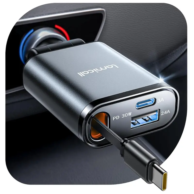 57W Lamicall Usb-C Retractable Car Charger 1
