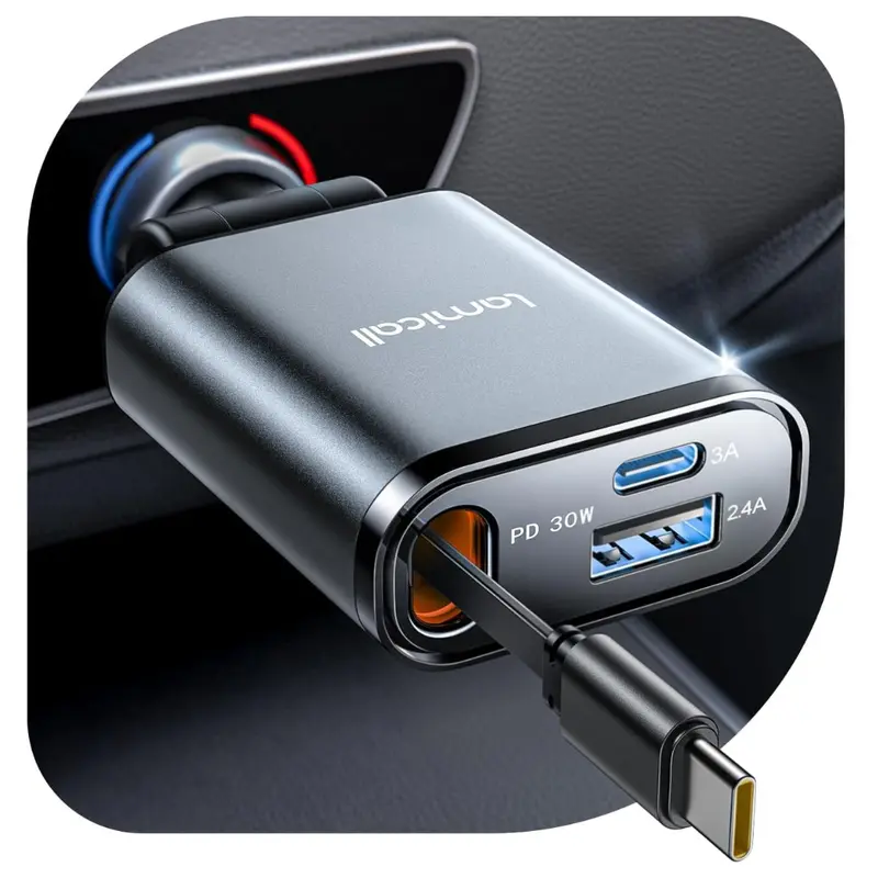 57W Lamicall Usb-C Retractable Car Charger 1