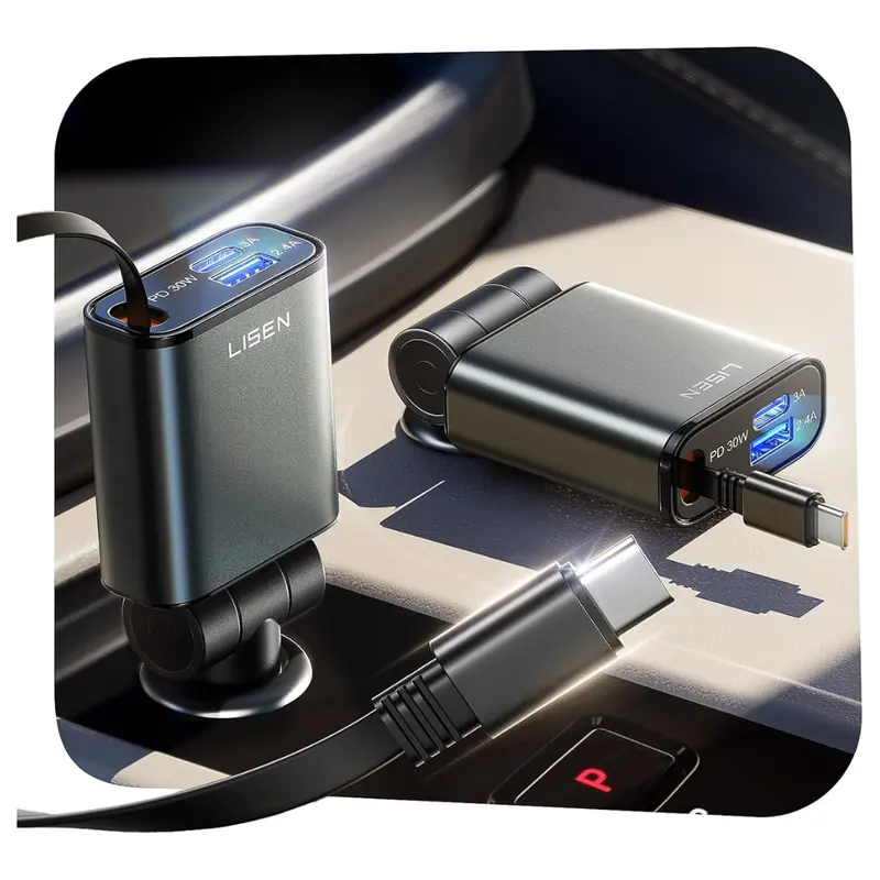 57W Lisen Retractable Usb-C/Usb-A Fast Charging Car Charger 1