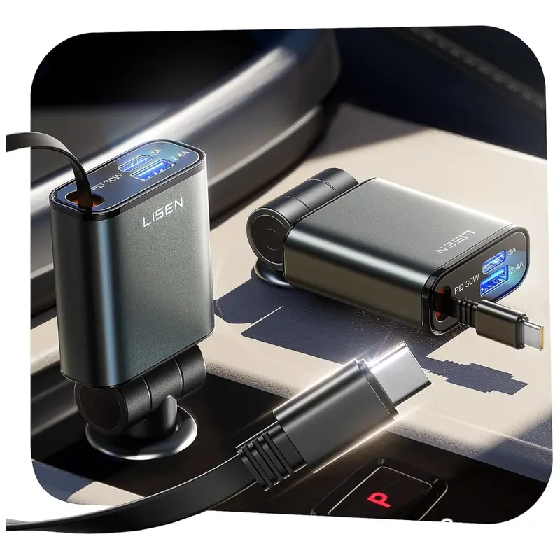 57W Lisen Retractable Usb-C/Usb-A Fast Charging Car Charger 1