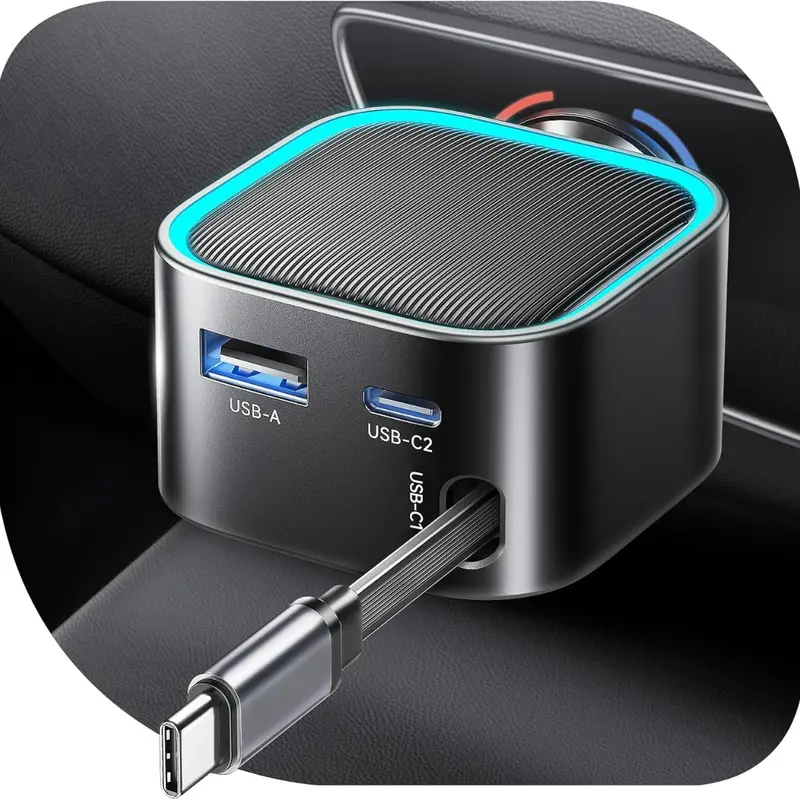 57W Type-C Fast Car Charger With Retractable Cord 1