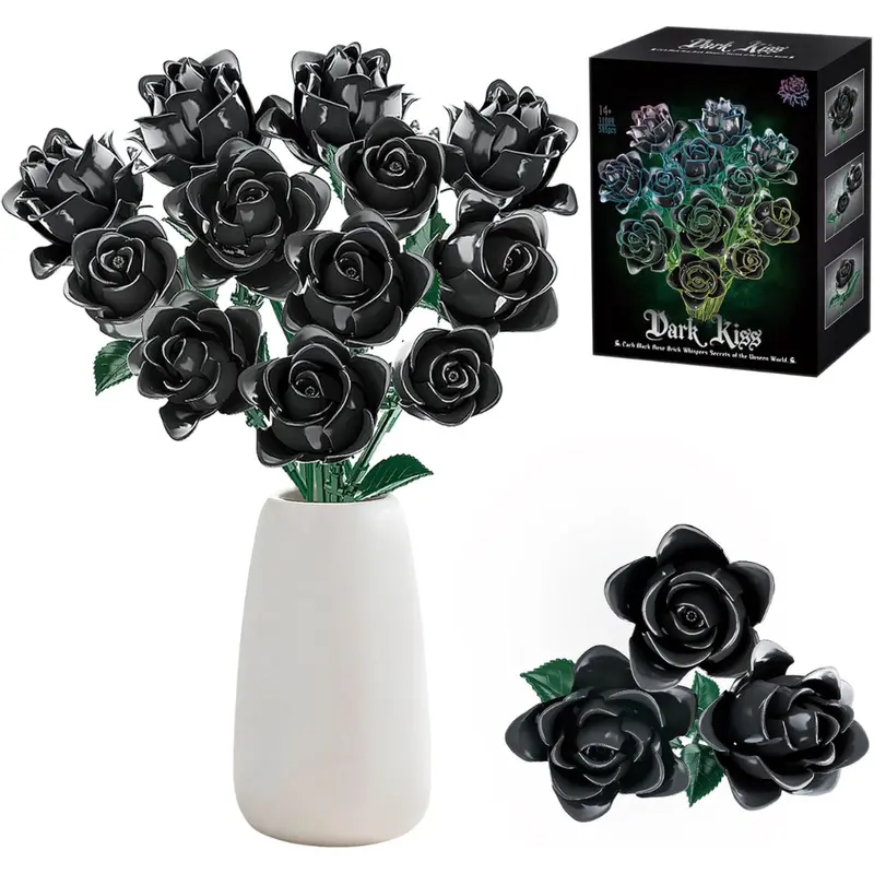 585-Pieces Black Rose Flower Building Blocks With Adjustable Stems 1