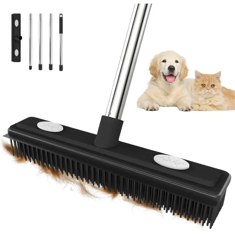 59'' Long Handle Pet Hair Remover Carpet Rake W/ Squeegee 1