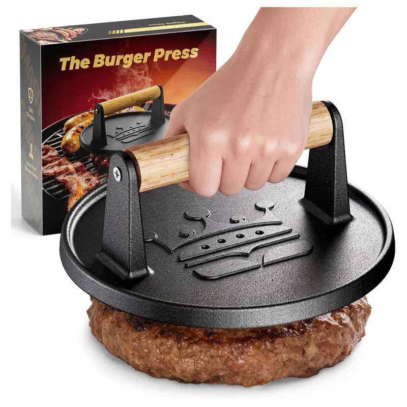 6.5" Cast Iron Burger Press With Wooden Handle (1.74 Lb) 1