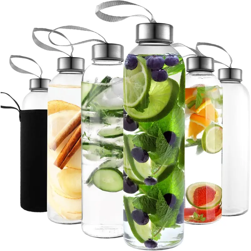 6-Pack 18Oz Kitchen Lux Glass Water Bottles With Sleeves & Airtight Lids 1