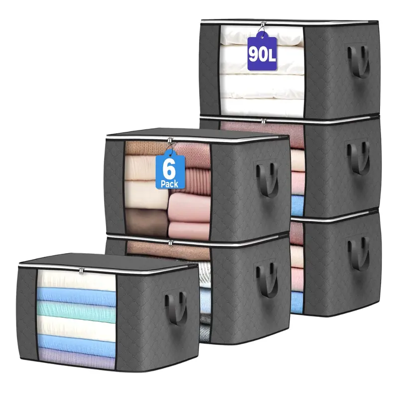 6-Pack 90L Foldable Clothes Organizers Storage Bags W/ Reinforced Handle 1