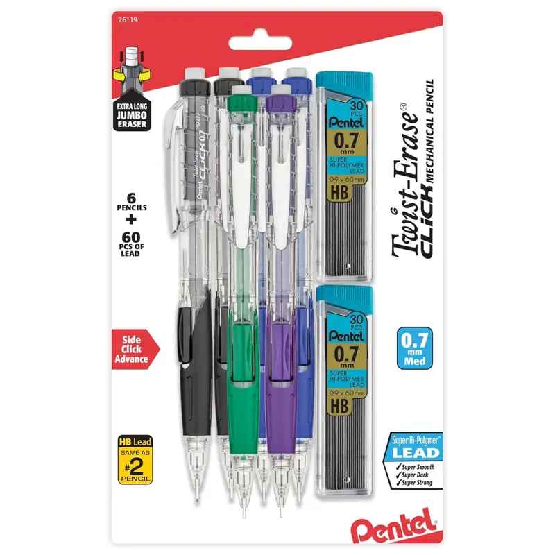 6-Pack Pentel Twist-Erase Click 0.7Mm Mechanical Pencils + Lead Refills 1