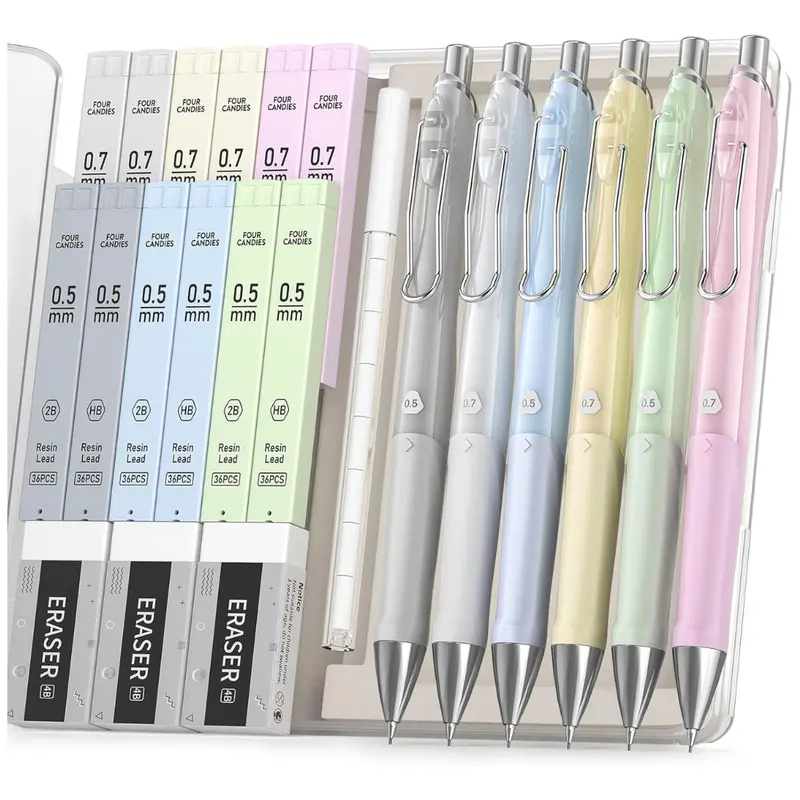 6-Piece Four Candies Pastel Mechanical Pencil Set W/ Refills, Erasers & Case 1