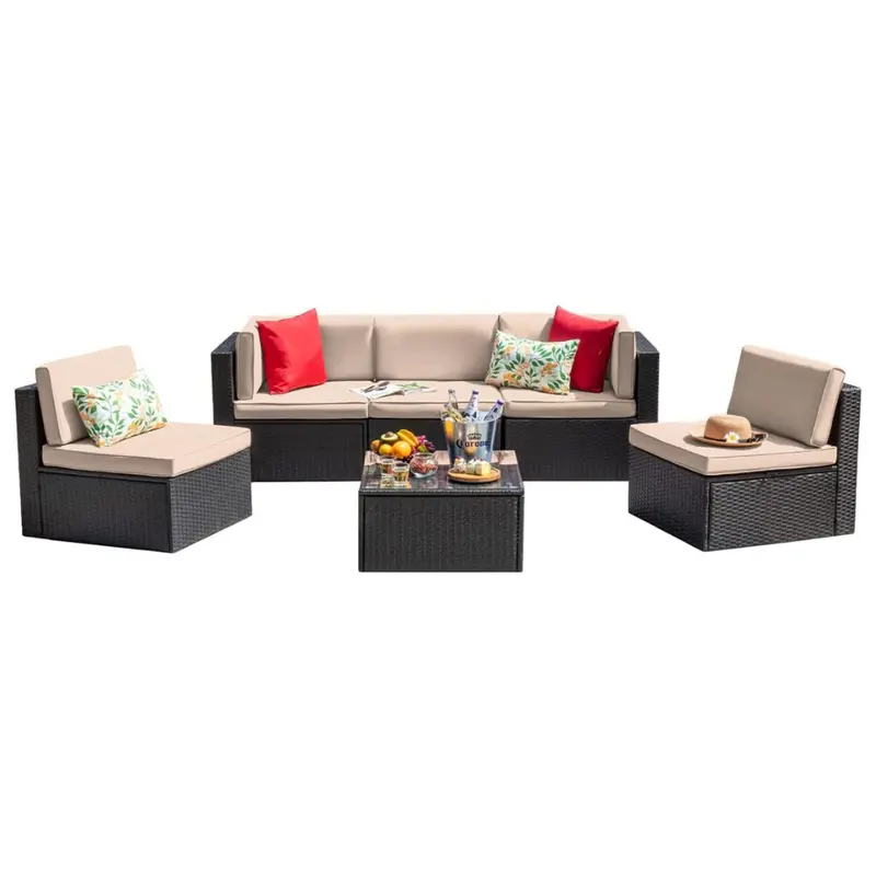 6-Piece Patio Furniture Sets With Glass Table And Cushion 1