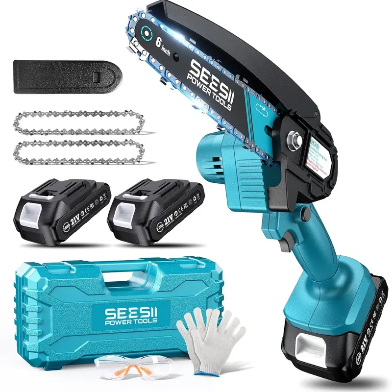 6" Seesii Mini Cordless Electric Hand Chainsaw W/ 2-Batteries & Accessories 1