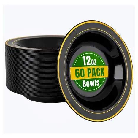 60 Black Plastic Bowls With Gold Rim 1