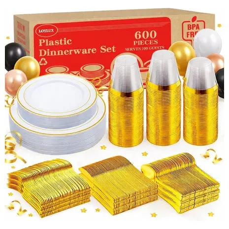 600 Piece Gold Disposable Dinnerware Set For 100 Guests 1
