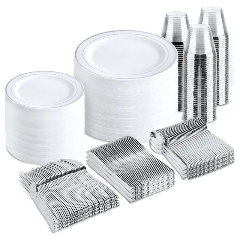 600-Piece Silver Plastic Disposable Dinnerware Set 1