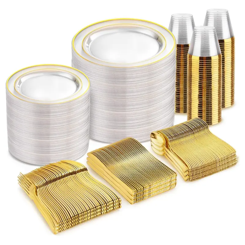 600-Pieces Clear Gold Trim Disposable Dinnerware Set 1