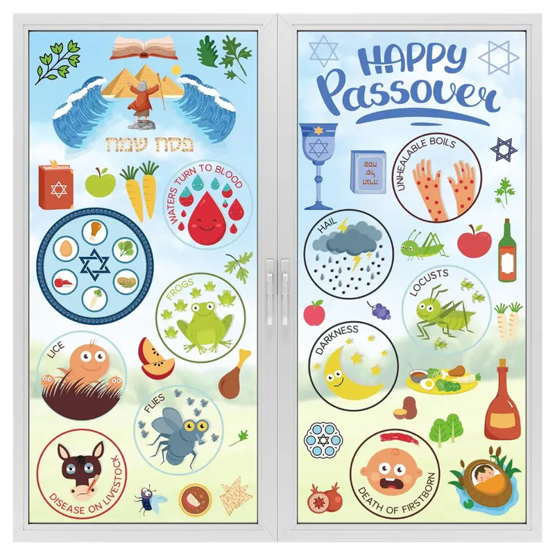 63-Piece 9 Sheets Colorful Passover Window Clings 1