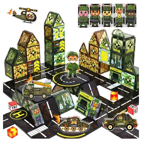 63-Piece Army Magnetic Tiles Set With Vehicles & Soldiers 1