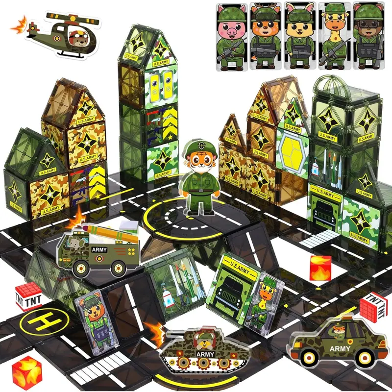 63-Piece Army Magnetic Tiles Set With Vehicles & Soldiers 1