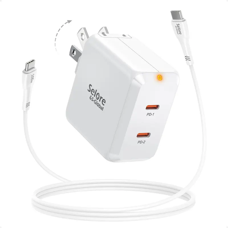 67W Gan 2-Ports Usb-C Foldable Wall Charger W/ 4' 100W Usb-C Cable 1